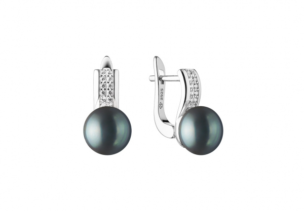Eleganter Perlenohrring schwarz rund 9-9.5 mm, Zirkoniabogen, Englischer Verschluss, 925er Silber, Gaura Pearls, Estland